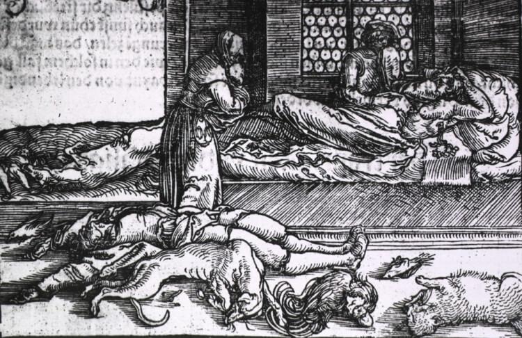 Drzeworyt z XVI wieku przedstawiający ofiary zarazy