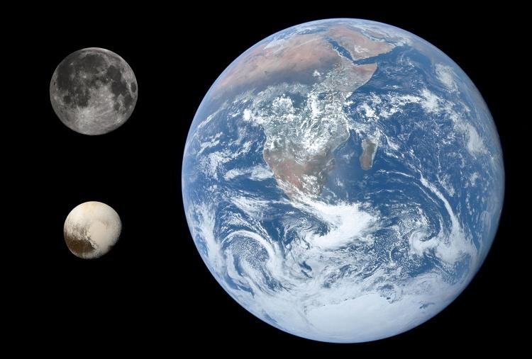 Wielkość Plutona na tle Księżyca i Ziemi 